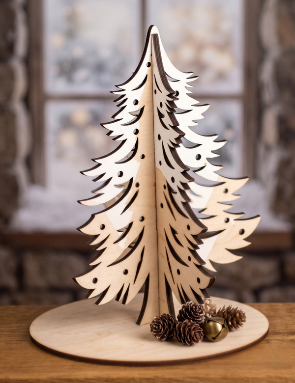 🎄 Przestrzenna Choinka Drewniana 3D – Ośnieżony Zimowy Świerk ❄️
