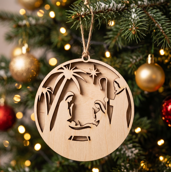 🌟 Drewniana Bombka Ażurowa – Święta Rodzina pod Palmami 🎄