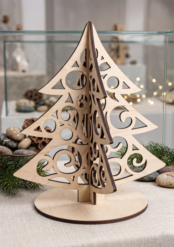 🎄 Przestrzenna Choinka Drewniana 3D – Geometryczna Harmonia i Ażurowe Wzory ✨