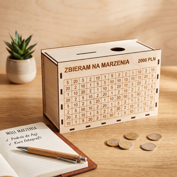 🎯 Drewniana Skarbonka Motywacyjna – Oszczędzaj na Marzenia z Uśmiechem! 💸