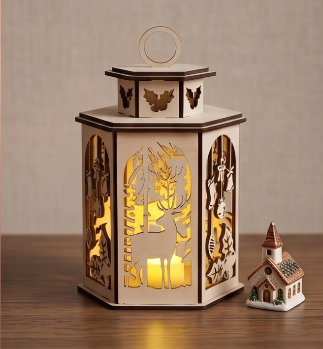 🦌 Zimowy Drewniany Lampion Ażurowy – Leśna Magia i Świąteczne Detale ❄️