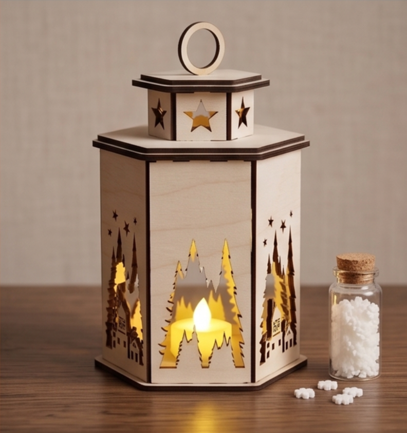 🏘️ Zimowy Drewniany Lampion Ażurowy – Leśna Wioska pod Gwieździstym Niebem ✨