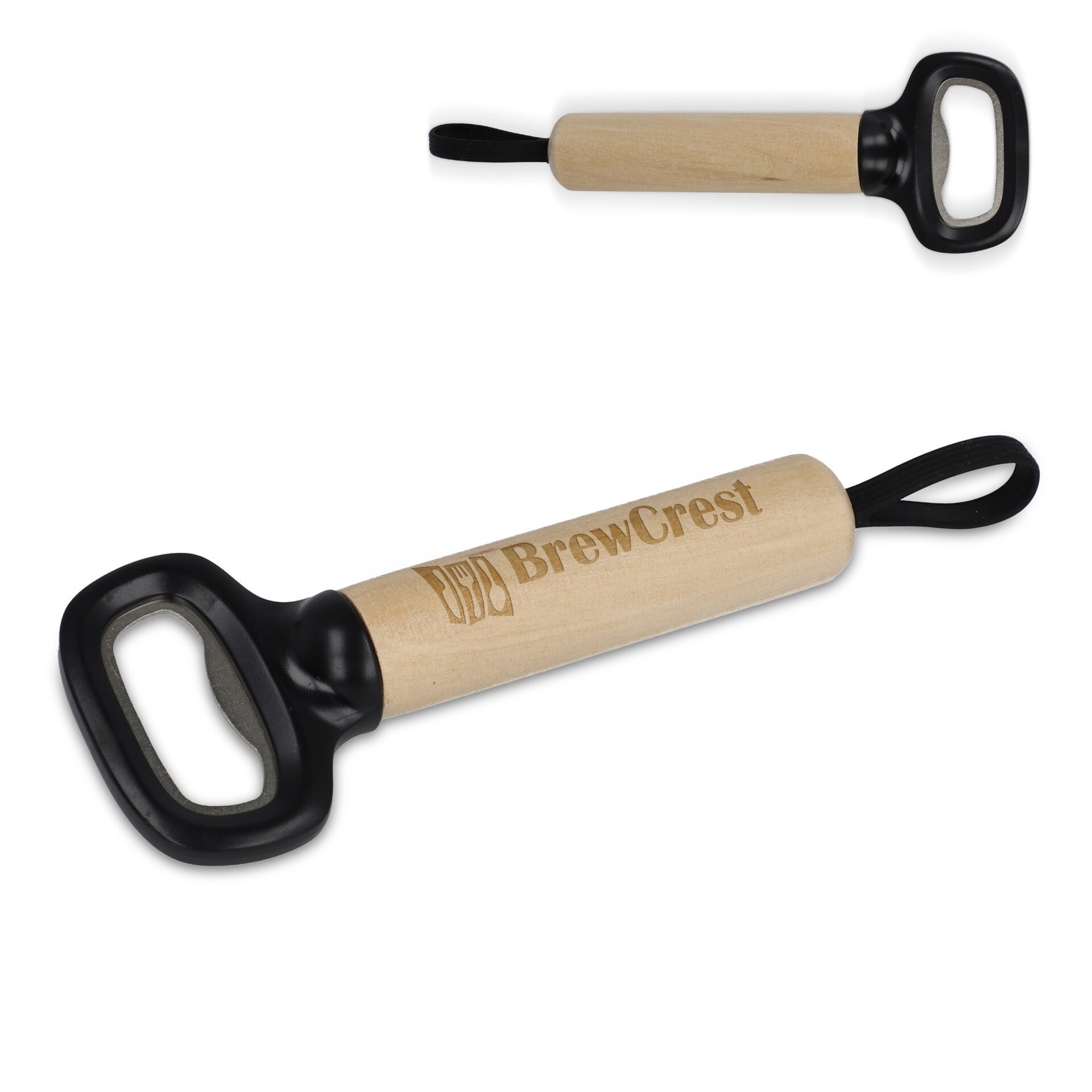 Flesopener met houten handvat en riem
