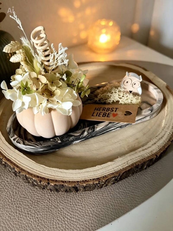 Tablett Herbst marmoriert beige/schwarz mit Kürbis und Eule