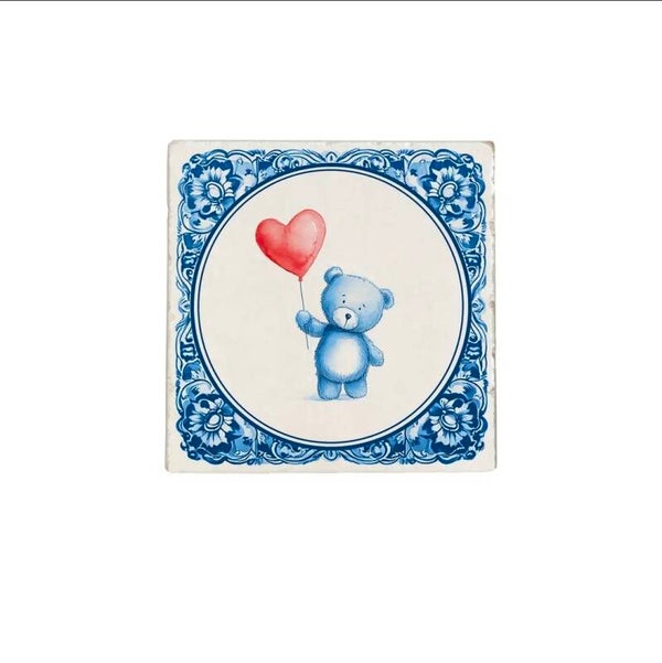 Natuurstenen tegel Delfs blauw Teddy beer met ballon