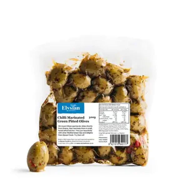 Elysian Green Pitted Chilli Marinated Olives 300g