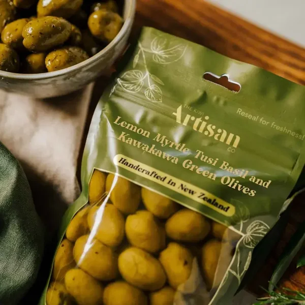 Kiwi Artisan Lemon Myrtle Basil & Kawakawa Infused Olives 150g