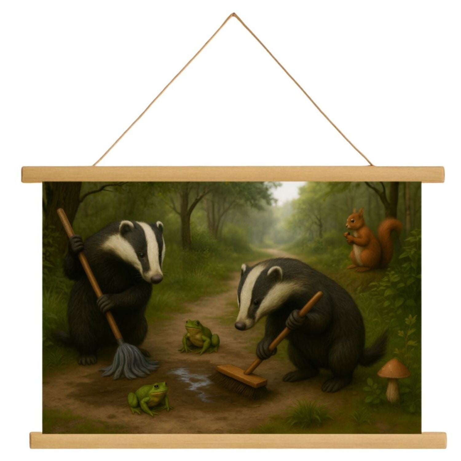 Schulposter Dachse fegen den Waldweg sauber