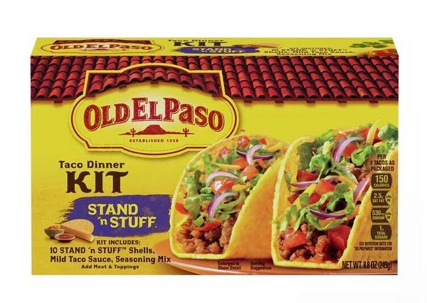 Taco Old El Paso, Taco Dinner kit, 10 Stand’n Stuff Shells, mild taco sauce, seasoning Mix. 8.8 oz