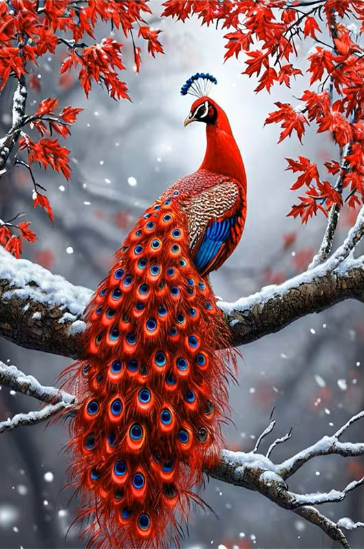 Roter Pfau in Winterlandschaft