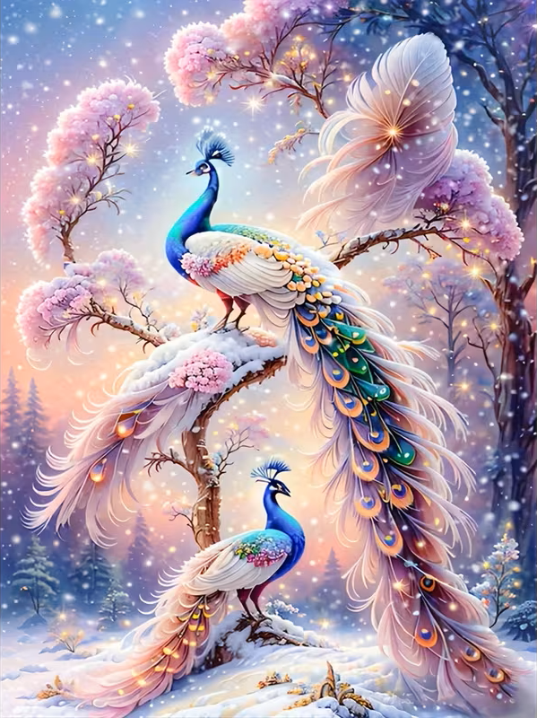 Schneewald mit Pfauenpaar