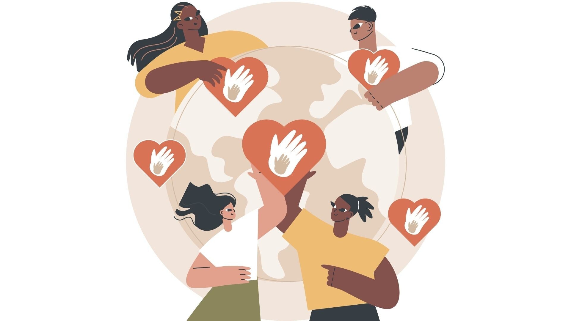 A picture representing Social Work internships in Costa Rica & Panama. people toghether, cartoon, hearts with hands, world globe. 