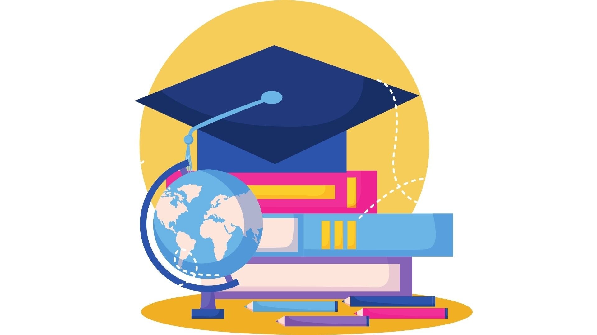 A picture of Education internships in Costa Rica & Panama, Books, Globe map, Square academic cap, Graduation hat, Cartoon.