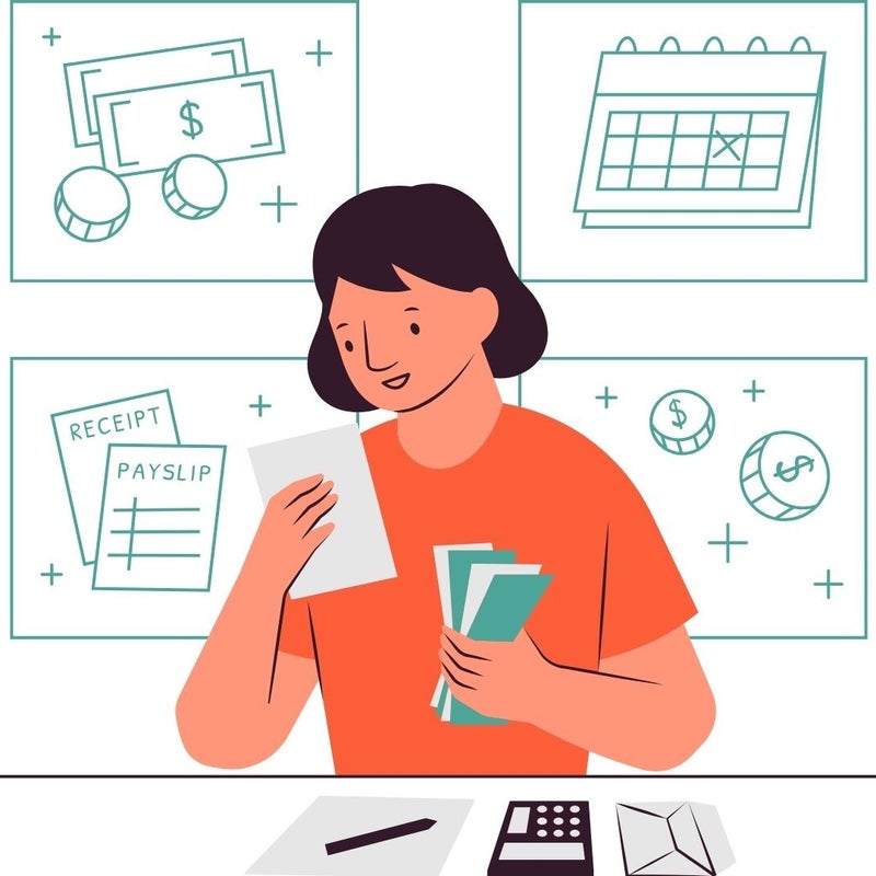 Picture representing Finance & Accounting, woman, looking a reciepts and counting cash, Money, income, calander, cartoon.