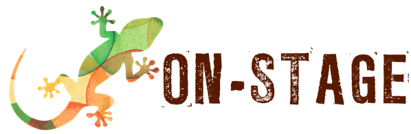 Logo van On Stage Latijns Amerika, Latin America. With a colourful gecko representing Internships in Costa Rica and Panama. 