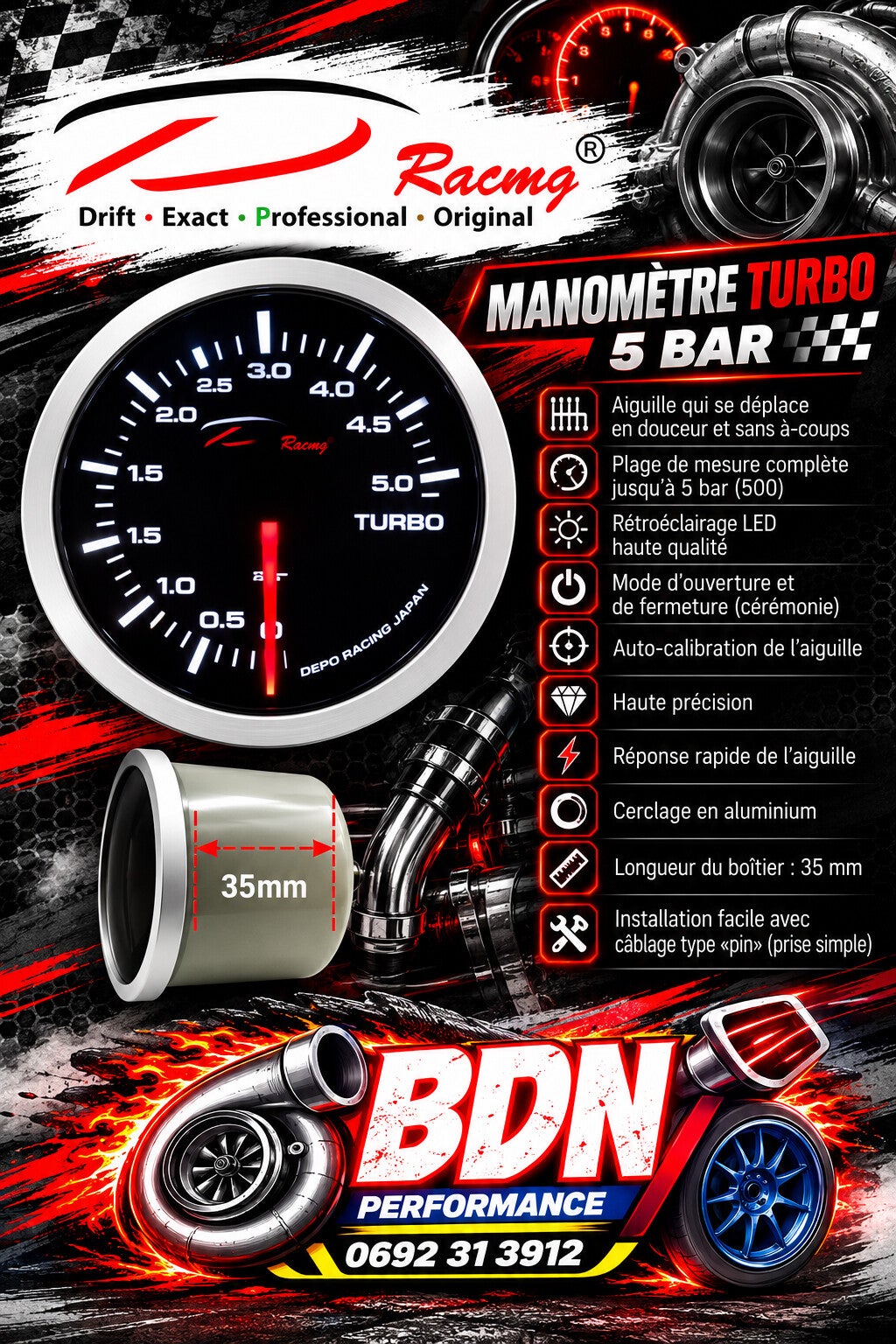 MANO PRESSION TURBO 0-5 BAR 52mm DEPO RACING