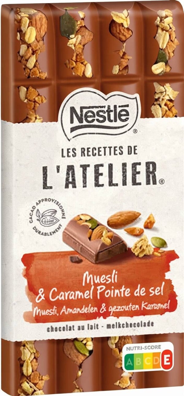 Nestlé Les Recettes de L'Atelier – Muesli & Caramel Pointe de sel (Salzkaramell) Feine Milchschokolade mit knusprigem Muesli und einer Prise Salz 2 Stück/ 170 g