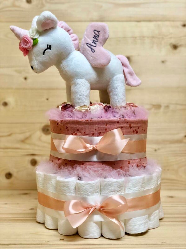 Pampertaart Unicorn White met naam/geboortedatum (Maxi)
