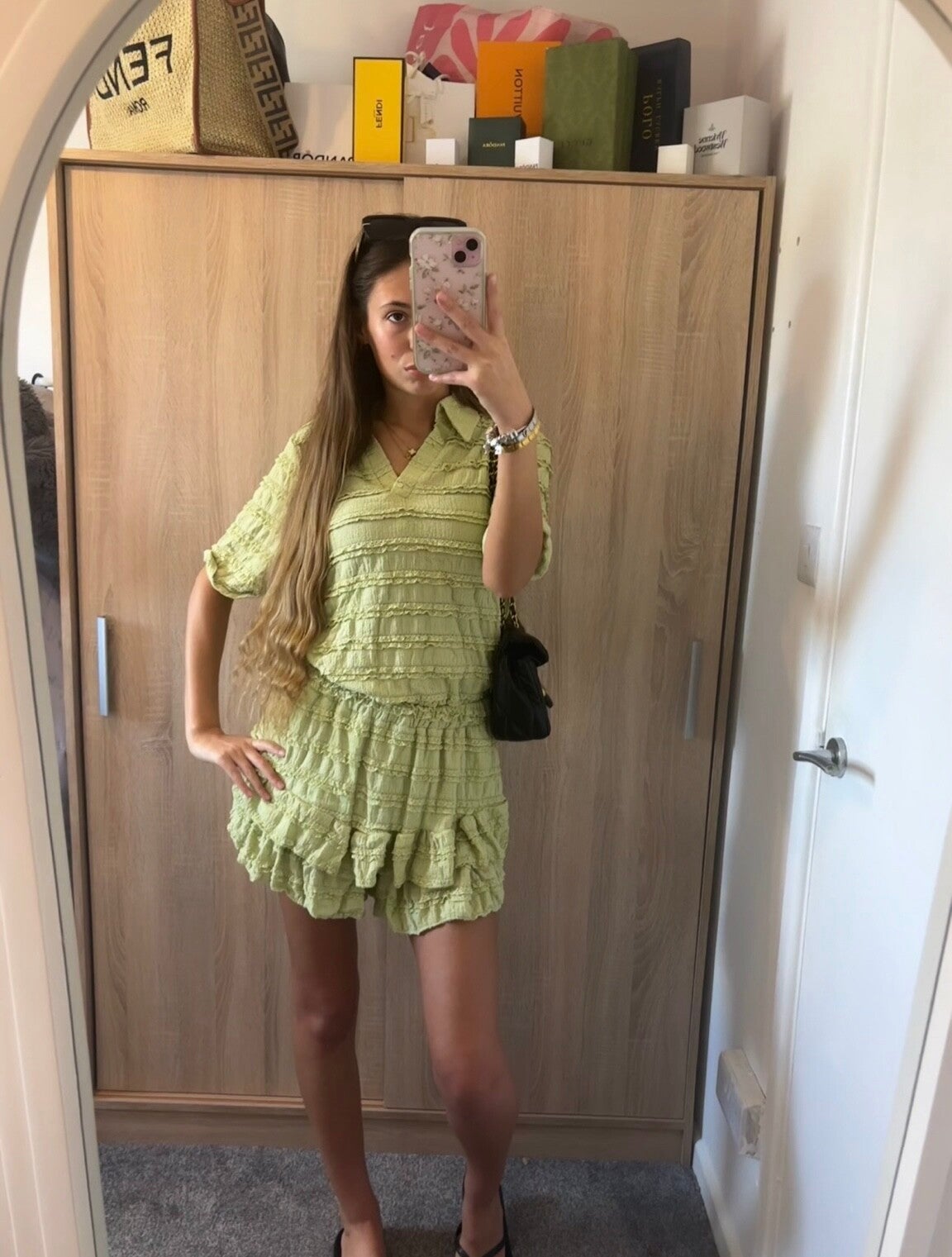 Green ruffle v-neck top and shorts set