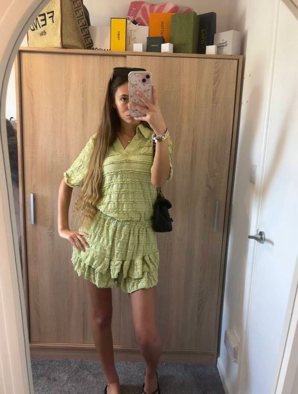 Green ruffle v-neck top and shorts set