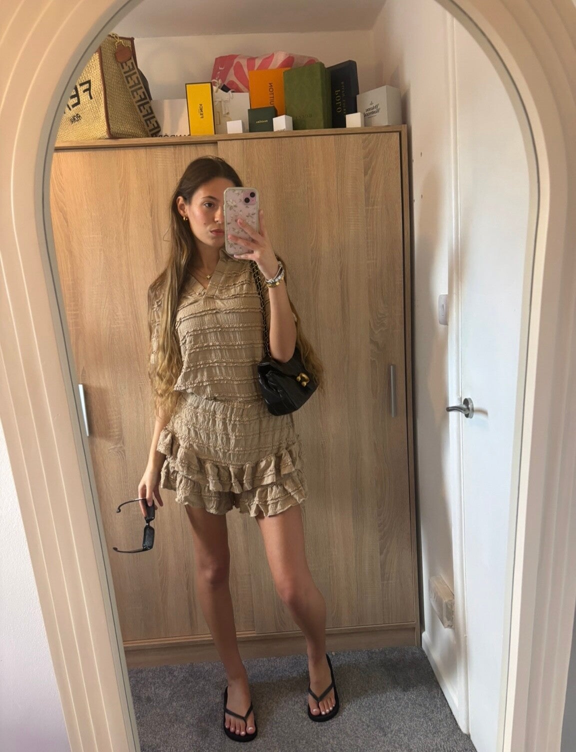 Beige ruffle v-neck top and shorts set