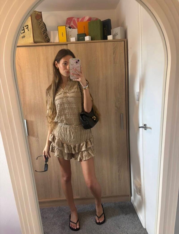 Beige ruffle v-neck top and shorts set