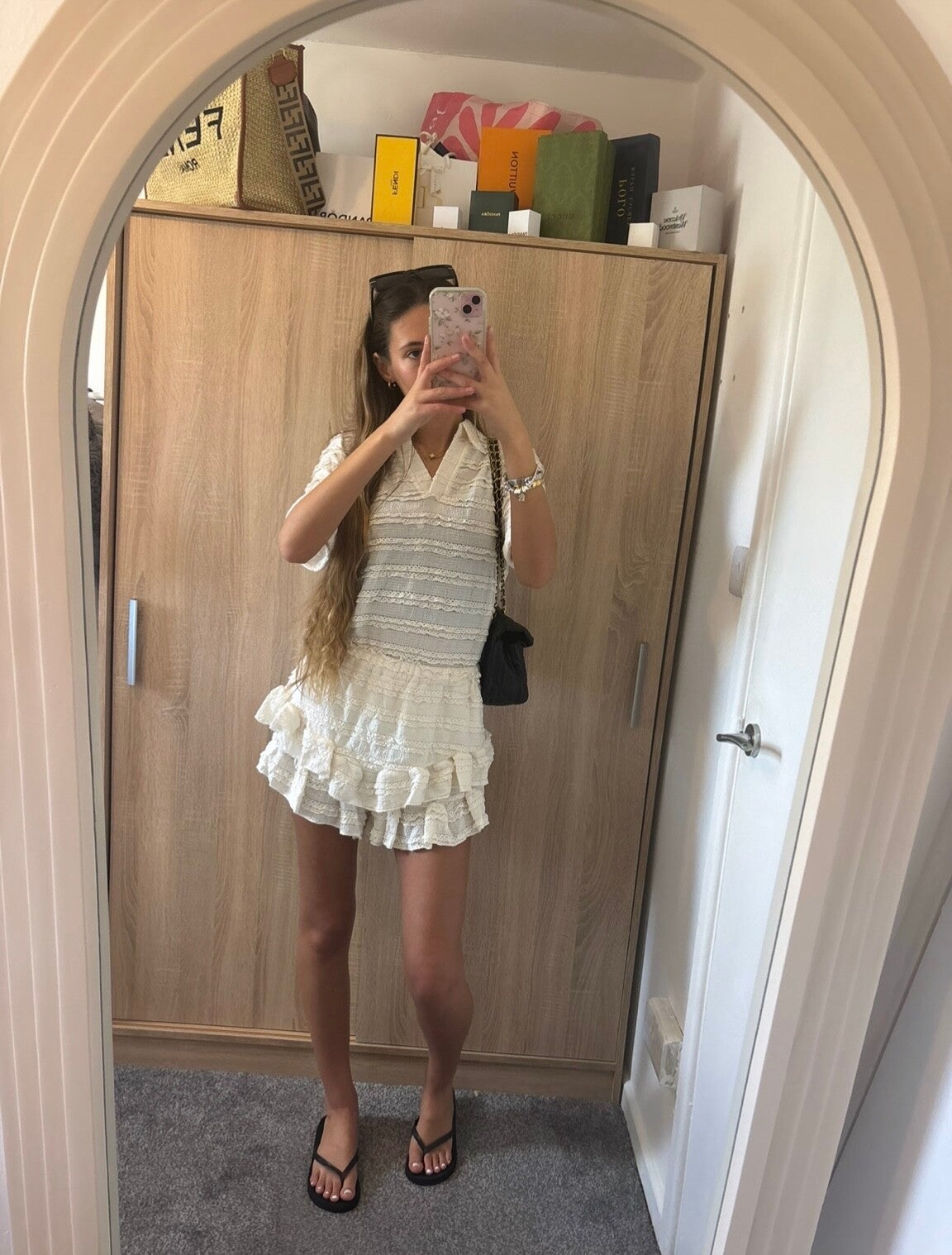 Cream ruffle v-neck top and shorts set