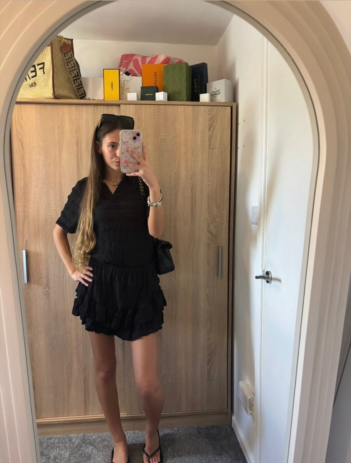Black ruffle v-neck top and shorts set
