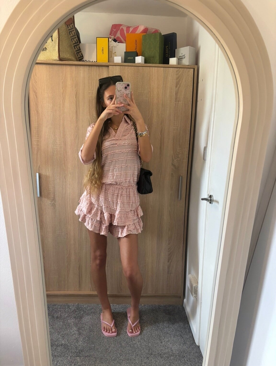 Pink ruffle v-neck top and shorts set