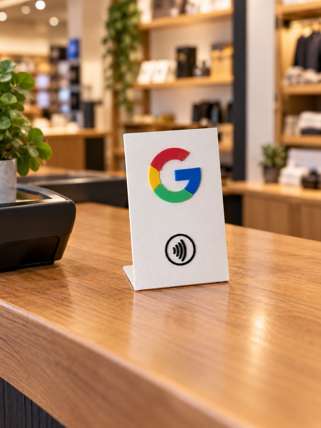 Staande Google review kaart met NFC-chip waarmee klanten eenvoudig een review kunnen plaatsen
