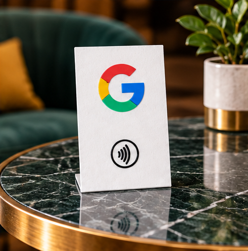 Staande Google review kaart met NFC-chip voor het verzamelen van Google reviews