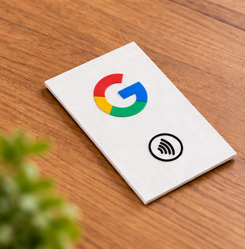 Liggende Google review kaart met NFC-chip waarmee klanten direct een Google review kunnen achterlaten