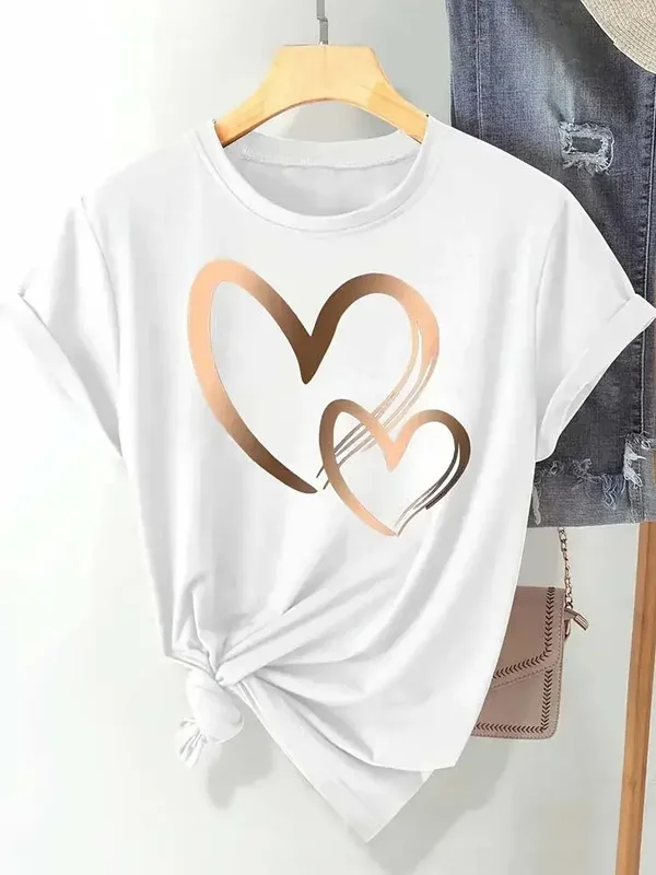 Summer New Fashion Women's Heart Printed T-shirt Trendy Casual Round