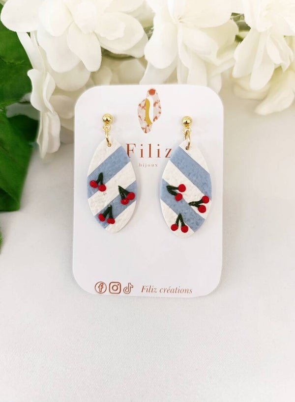 Dolce Vita Bleue _ Amande _ Boucles d'oreilles _ Cerises _ Rayures