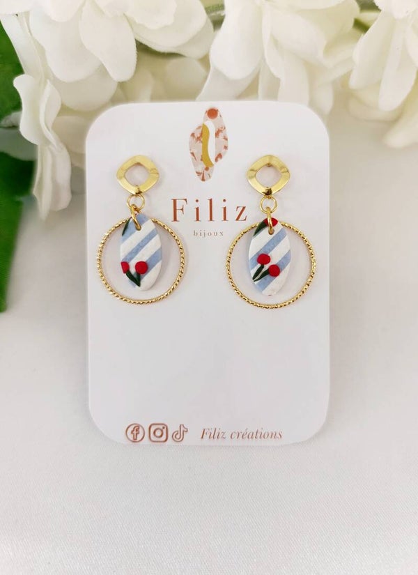 Dolce Vita bleue _ Mini Navette _ Boucles d'oreilles _ Cerises _ Rayures