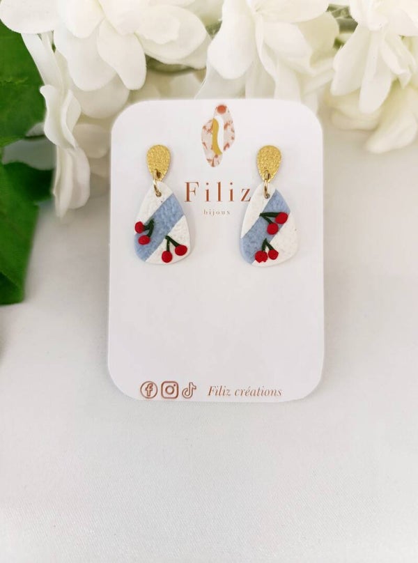Dolce Vita bleue _ Ménir _ Boucles d'oreilles _ Cerises _ Rayures
