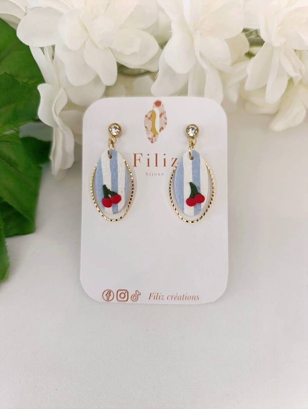 Dolce Vita bleue _ Navette _ Boucles d'oreilles _ Cerises _ Rayures