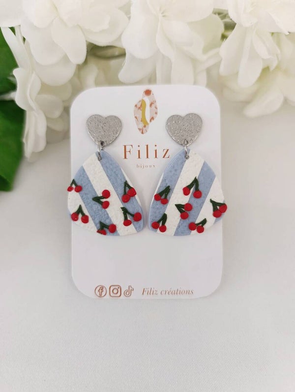 Dolce Vita bleue _ Voile _ Boucles d'oreilles _ Cerises _ Rayures