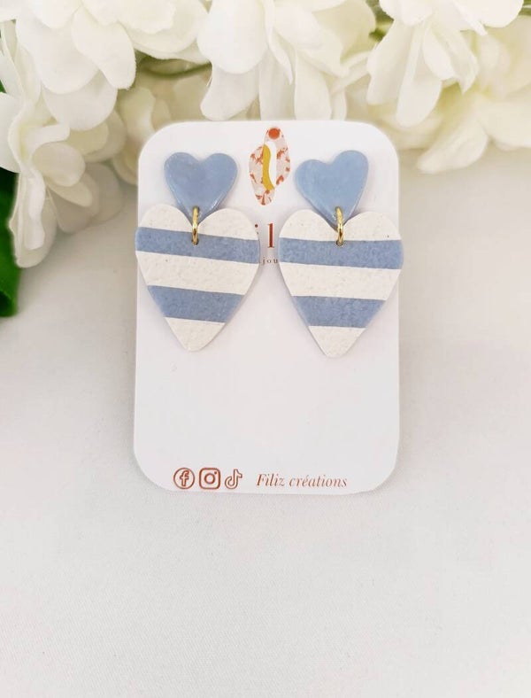Dolce Vita bleue _ Duo Coeur _ Boucles d'oreilles _ Rayures