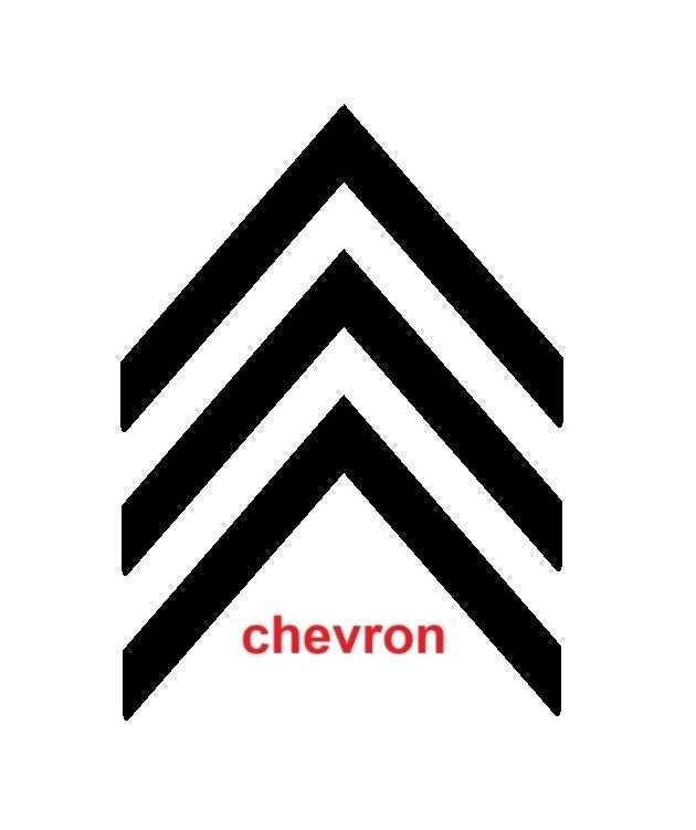 Chevron, a French word, often forms an inverted V-shape. In heraldry, the word is commonly used to refer to a badge or insignia.