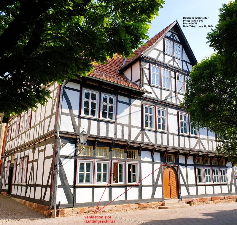 The ventilation slots or grills are still visible at Marktstraße 39, a two-story half-timbered former meat shop built in 1711, in Eschwege, Germany.