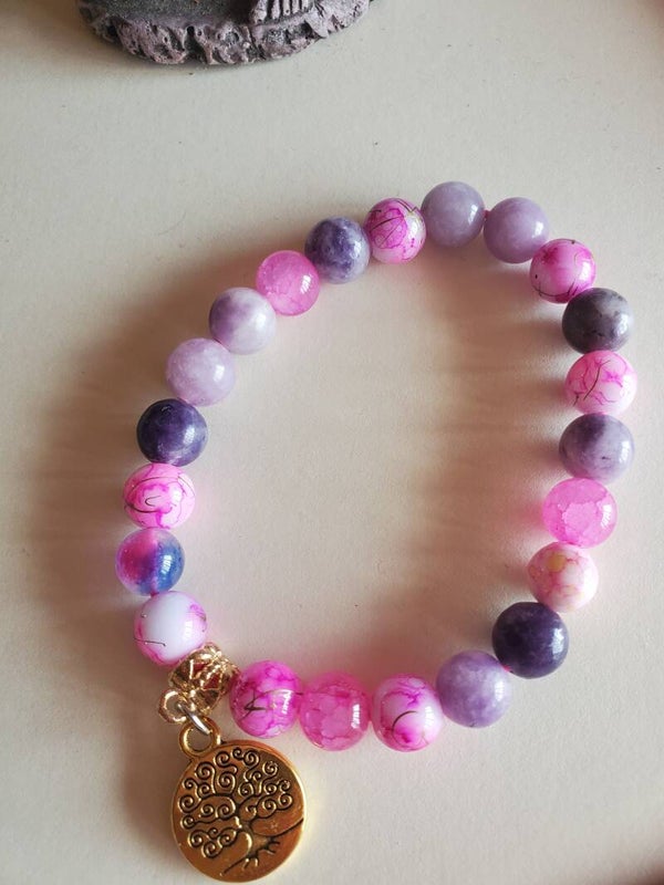Bracelet rose avec breloque arbre de vie magnétisé