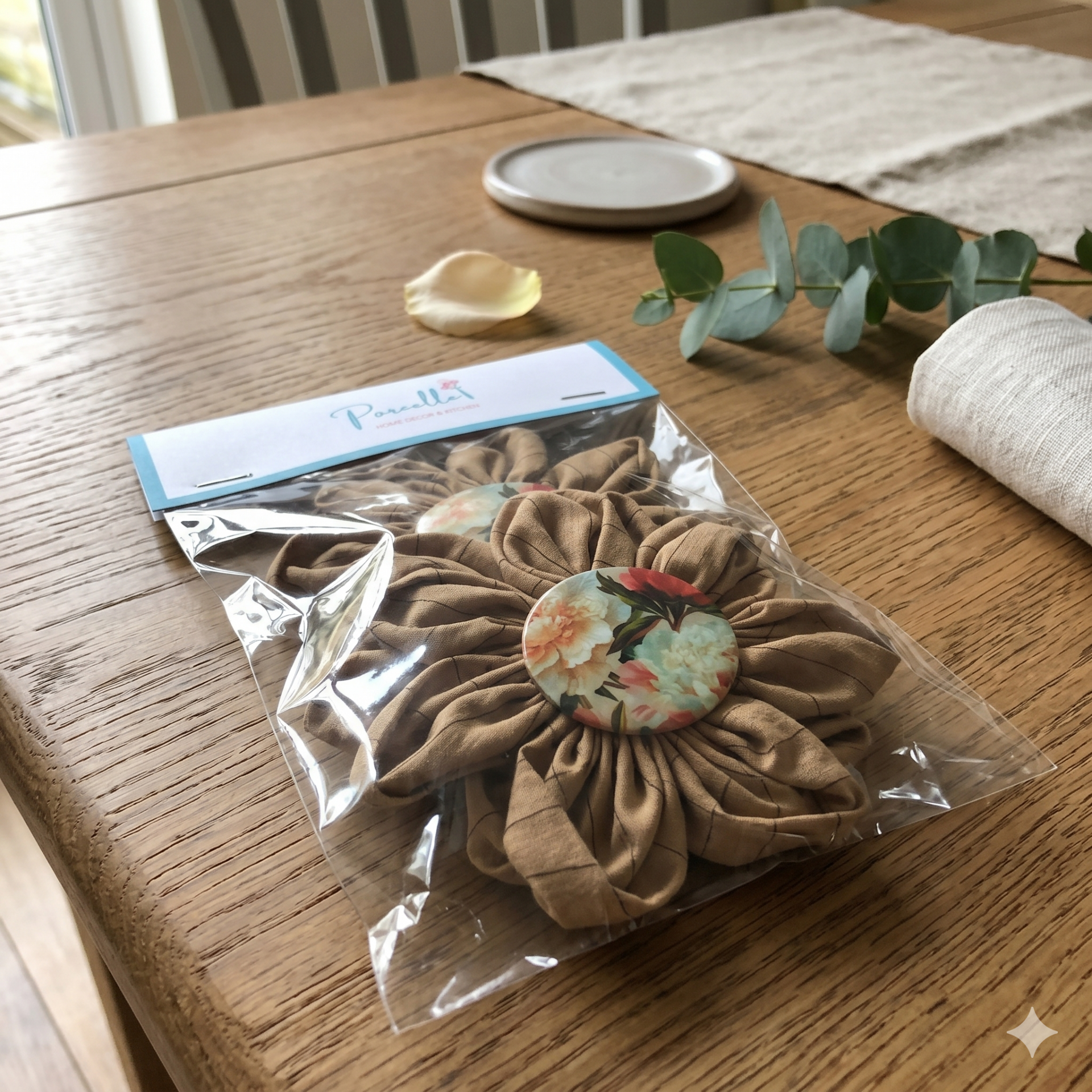 Cottage Fabric Flower Magnets Tan/Blue set of 3