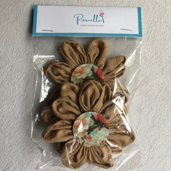 Cottage Fabric Flower Magnets Tan/Blue set of 3