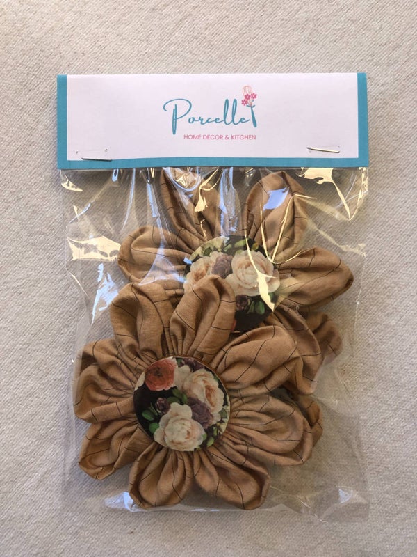 Cottage Fabric Flower Magnets Tan/Black Set of 3