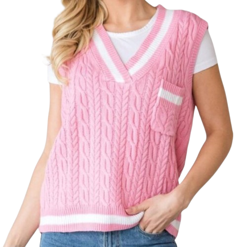 Retro Style Pink and White knit vest 1XL or 2XL /Chaleco de punto estilo retro rosa y blanco talla 1XL o 2XL