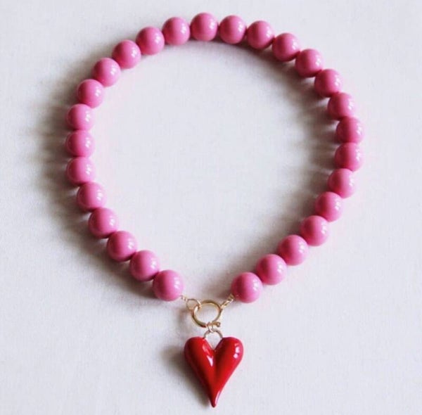 Kralen ketting XXL & rood hart - roze