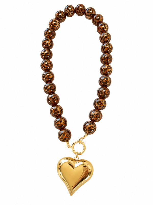 Acryl kralenketting leopard met xxl hanger hart