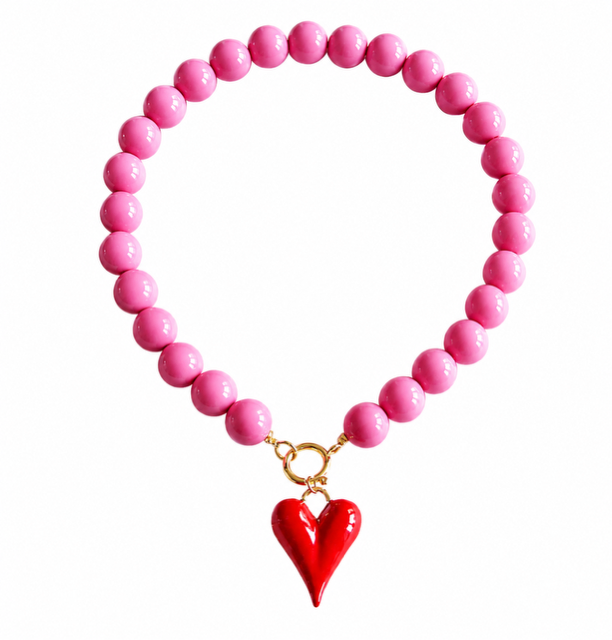 Kralen ketting XXL & rood hart - roze