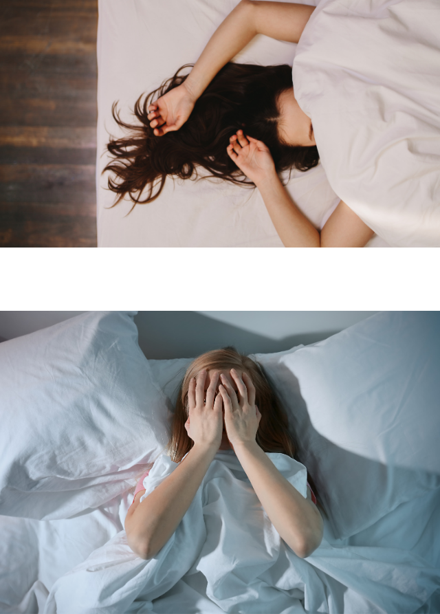 a woman under the covers and a woman in bed covering her eyes